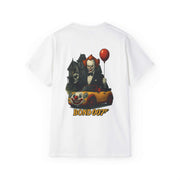 White Pennywise Clown tee with red balloon and clown car graphic, casual cotton shirt