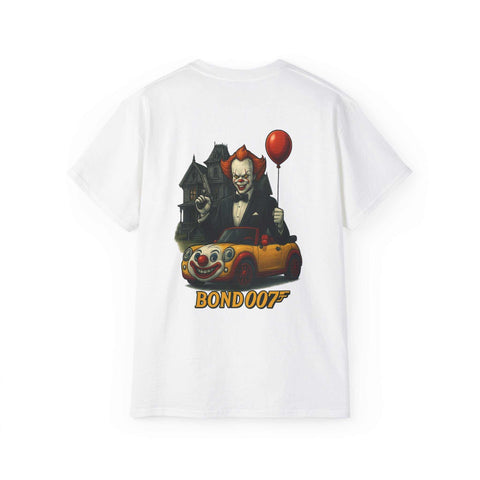 White Pennywise Clown tee with red balloon and clown car graphic, casual cotton shirt