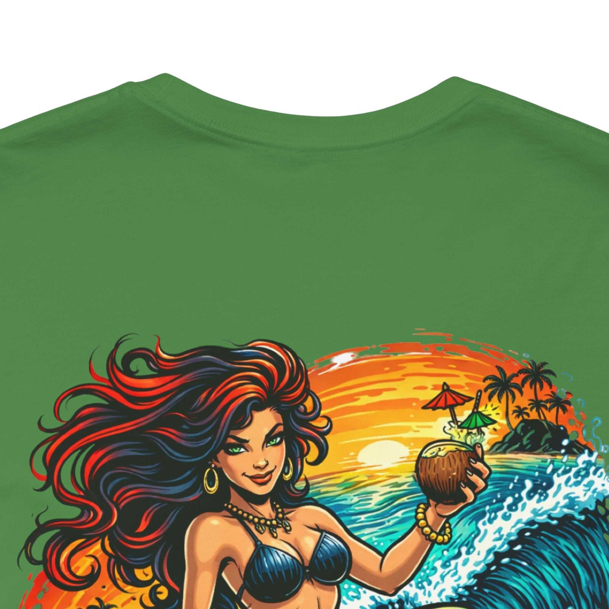 Mermaid Surfer T-Shirt with retro beach surfing graphic and vibrant mermaid design