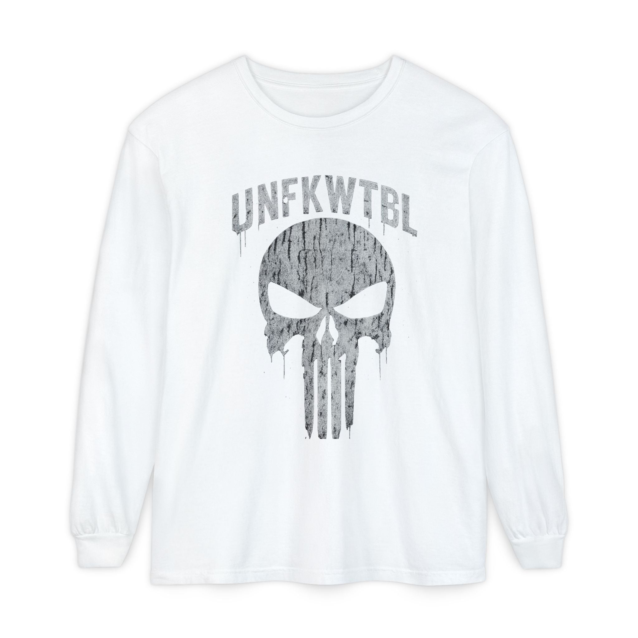 Punisher Skull Long Sleeve Tee — 'UNFKWTBL' Distressed Graphic