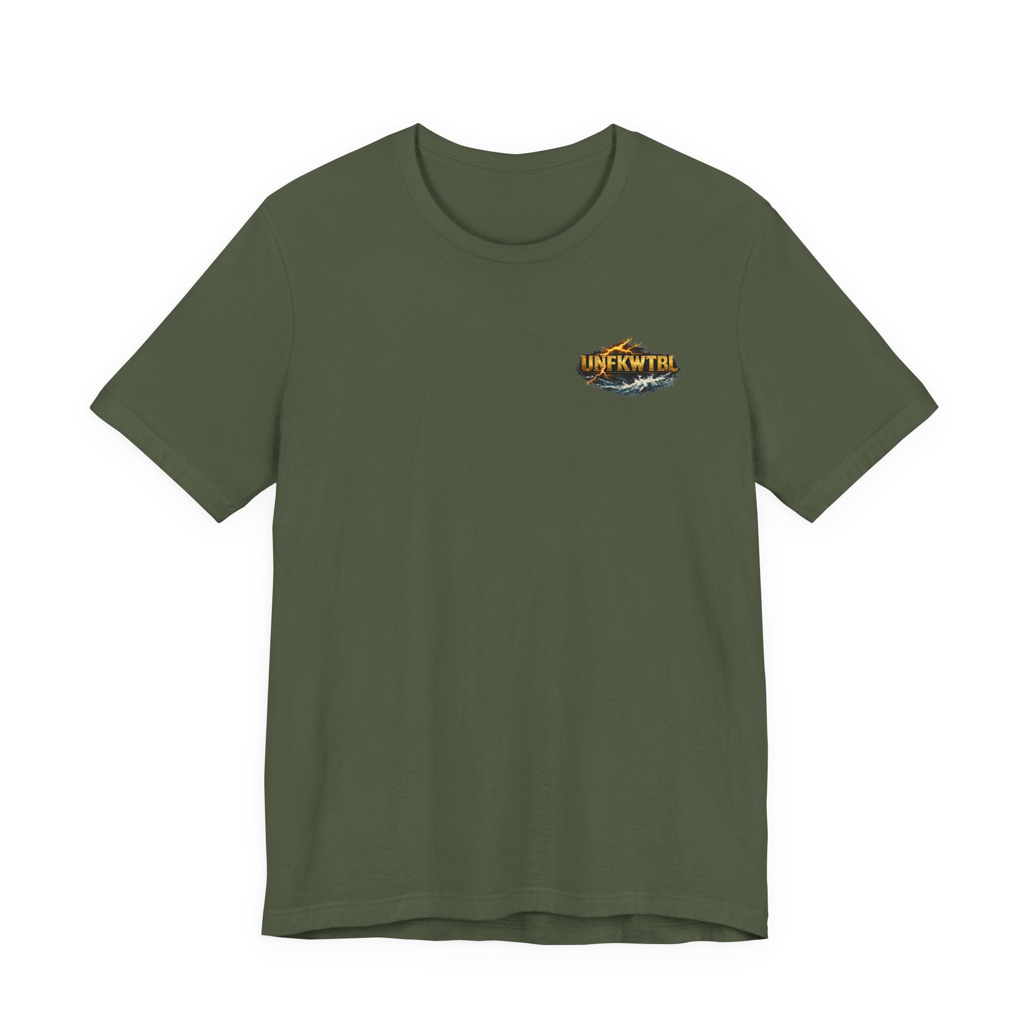 Unfkwtbl Storms Won’t Break Me Graphic Tee — Muscular Warrior Lightning & Ocean Back Print
