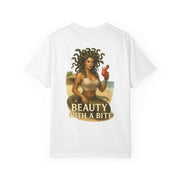 White unisex Medusa Beauty T-shirt with strawberry daiquiri design and "Beauty with a Bite" text on back