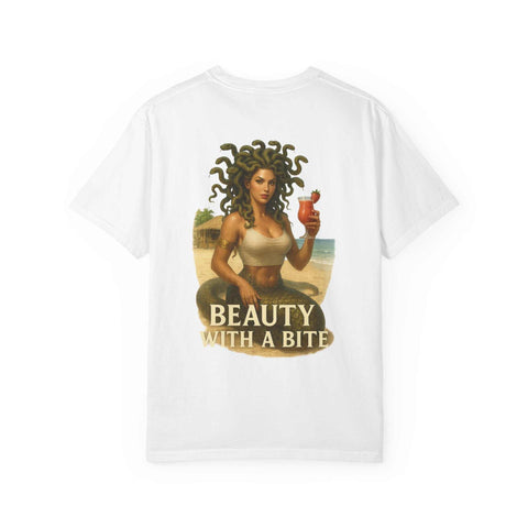 White unisex Medusa Beauty T-shirt with strawberry daiquiri design and "Beauty with a Bite" text on back