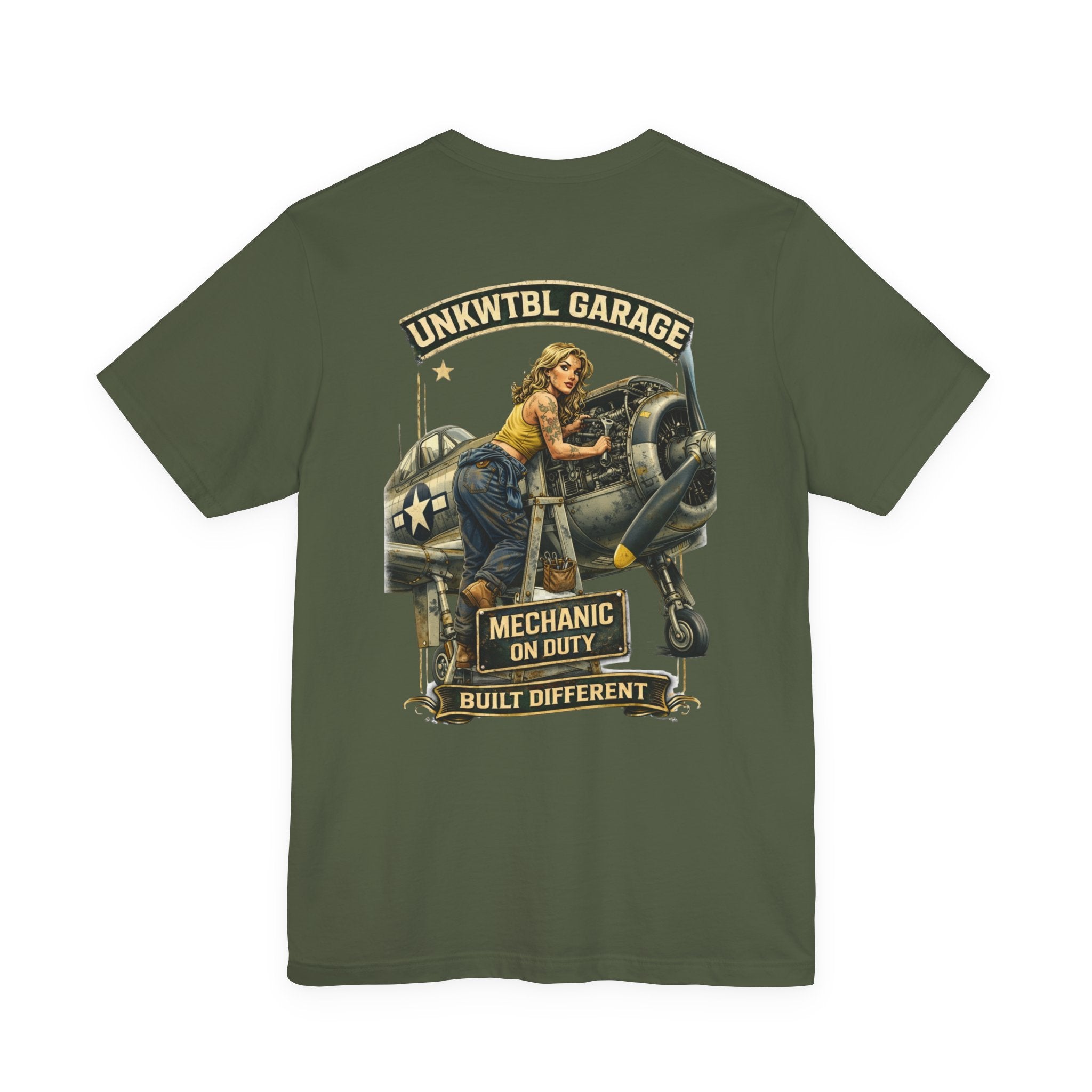 Mechanic On Duty Tee — Vintage Pin-Up Aircraft Garage Shirt