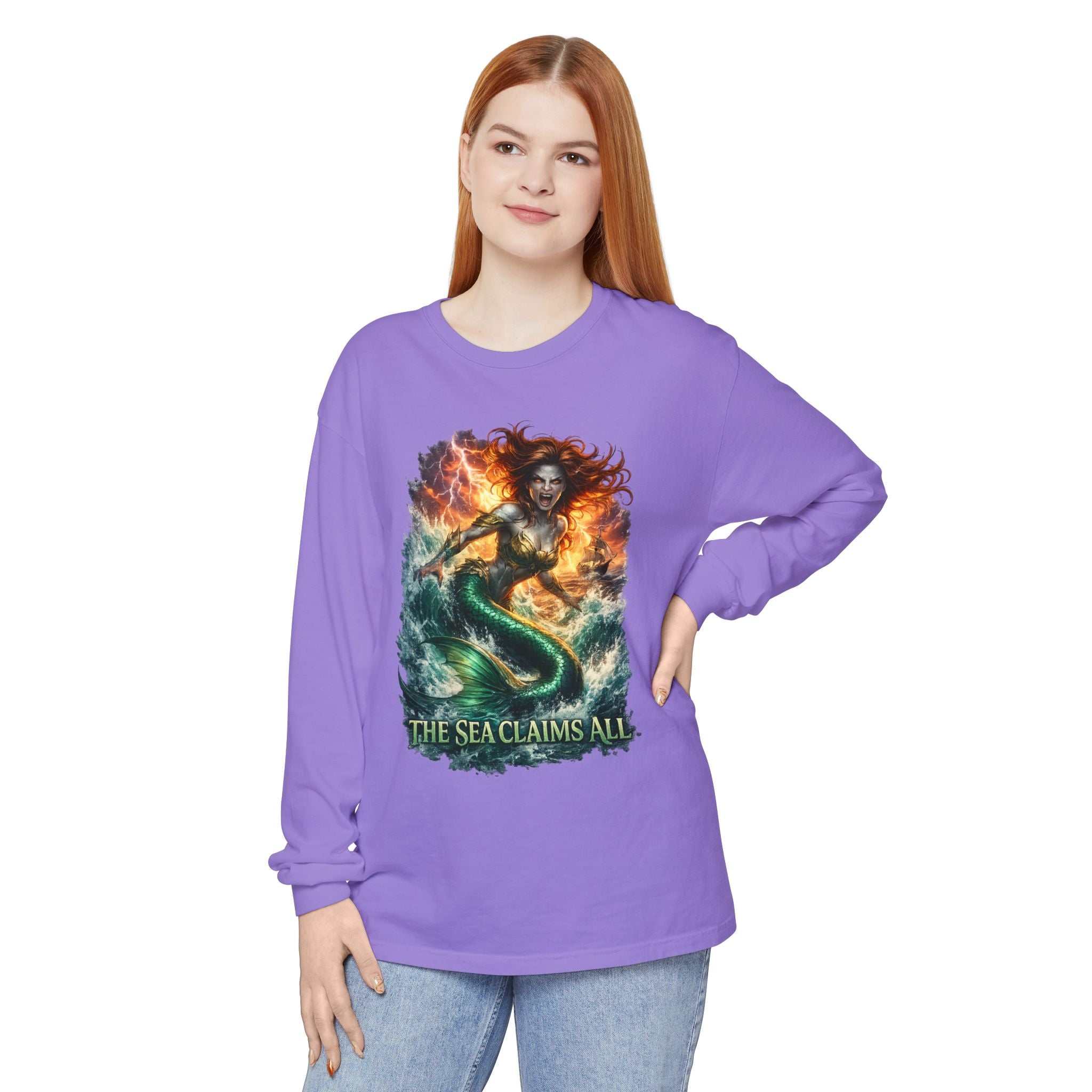 Mermaid Graphic Long Sleeve Tee — "The Sea Claims All" Nautical Fantasy Shirt