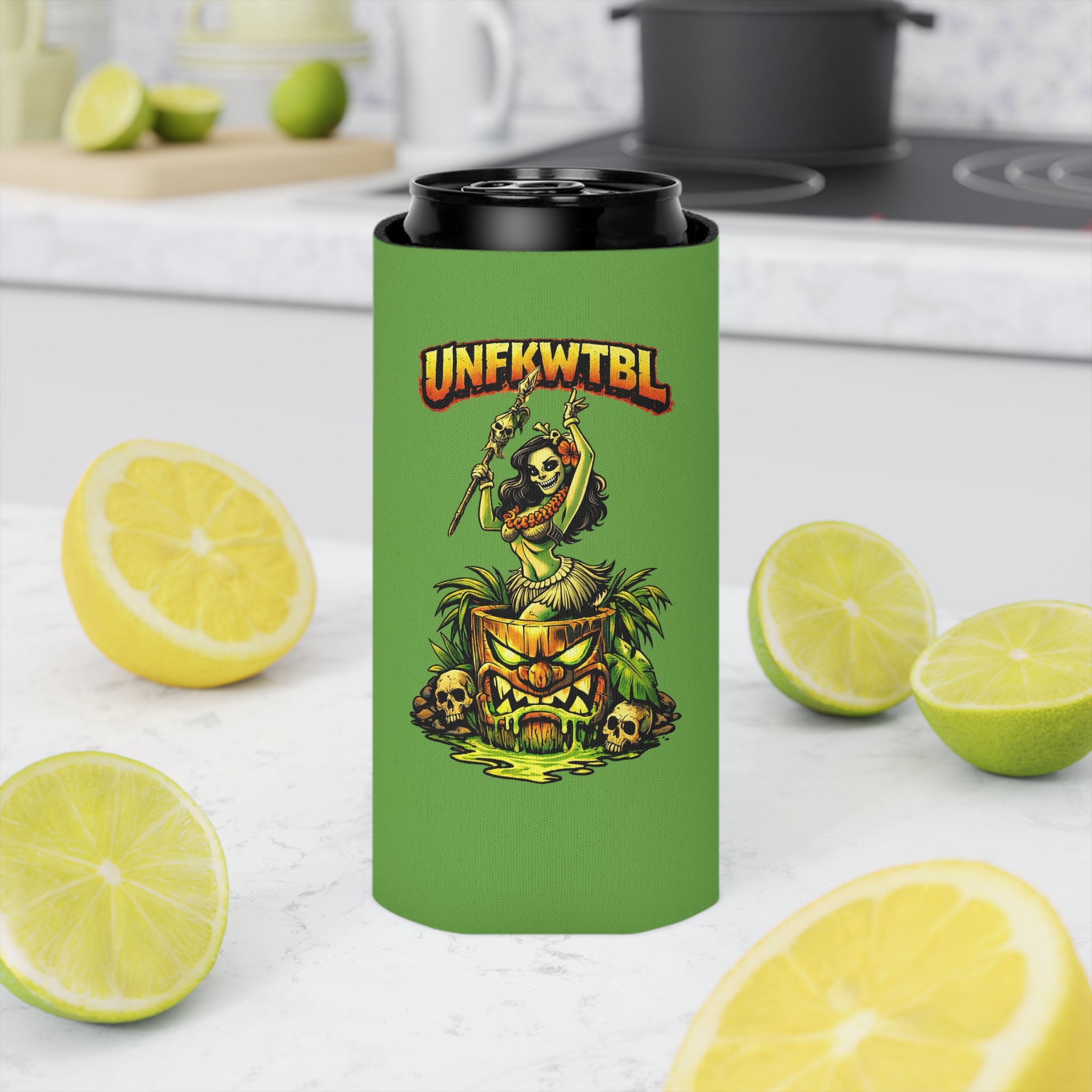 Can Cooler — "Stay Cold. Remain UNFKWTBL" Tropical Skull Beer Koozie