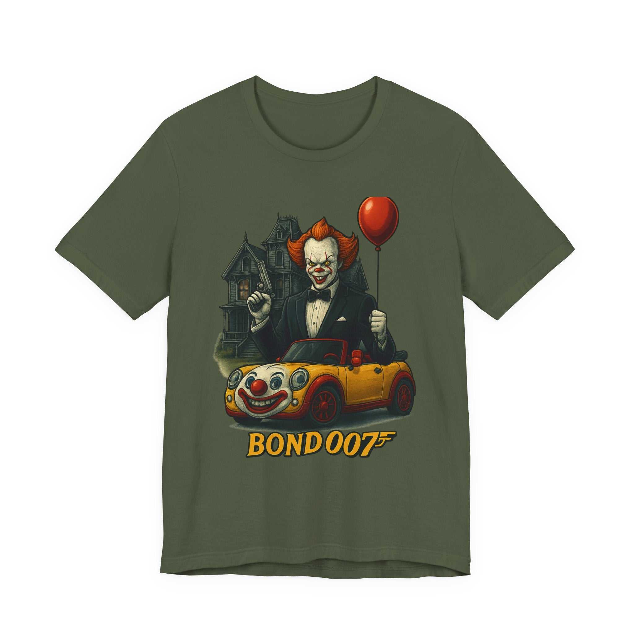 Clown Spy Thriller Tee — "Bond 007" Horror Car Balloon Graphic T-Shirt