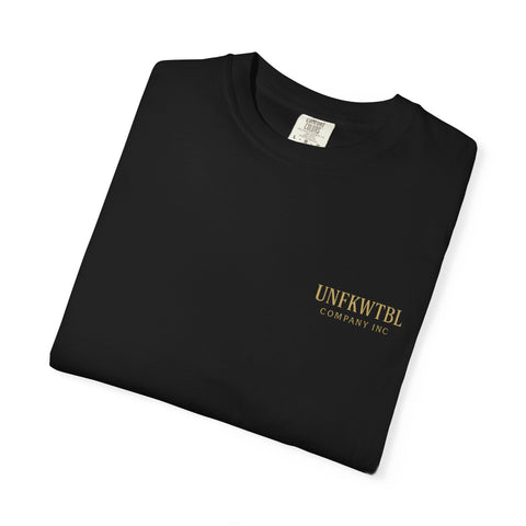 Folded black Medusa Beauty unisex T-shirt with small gold UNFKWTBL logo on front, made of 100% ring-spun cotton.