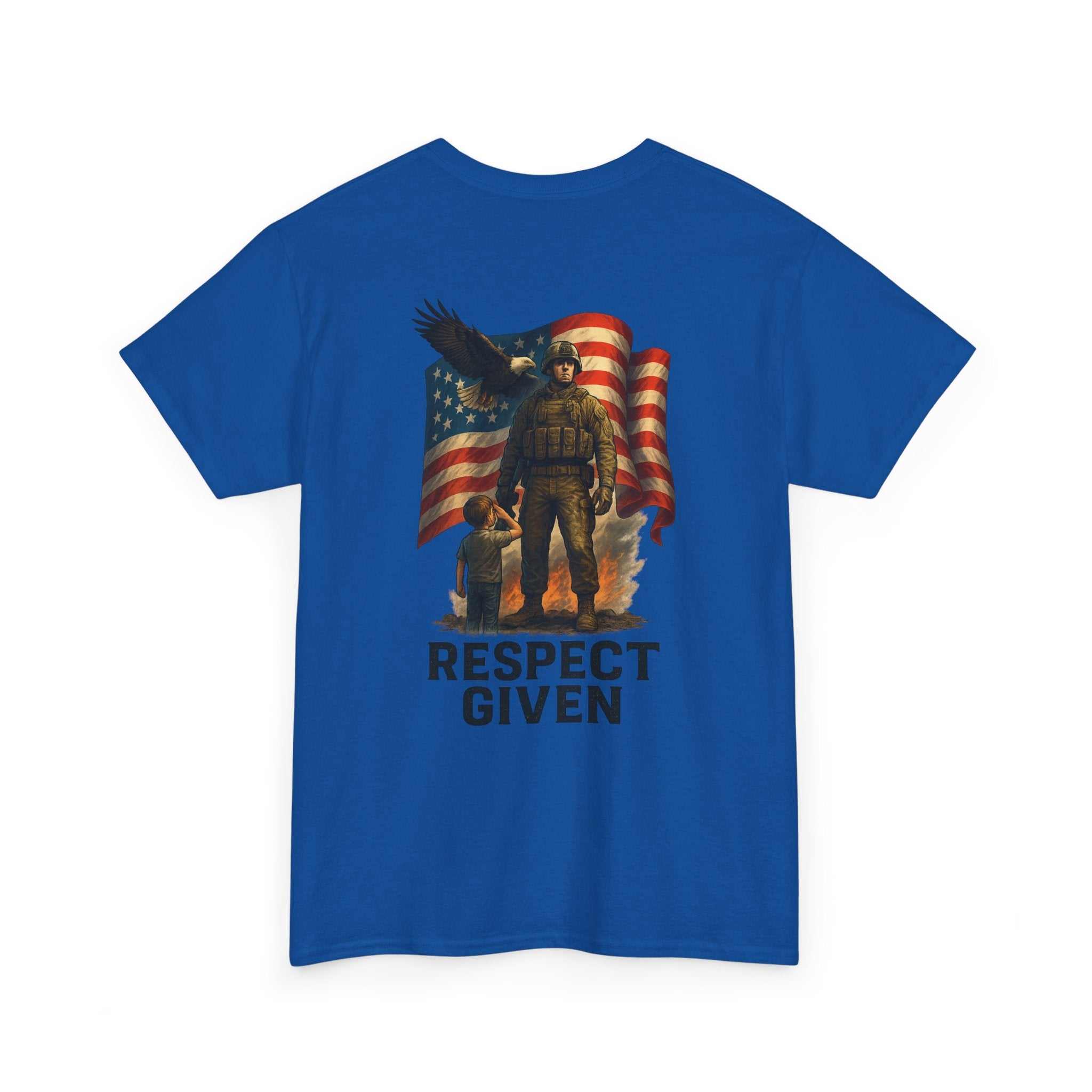 Respect Given Unisex Tee with soldier and American flag graphic on back and small skull emblem on front