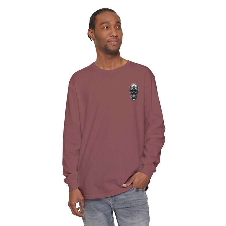 Man wearing maroon long sleeve t-shirt with Celtic skull logo on chest