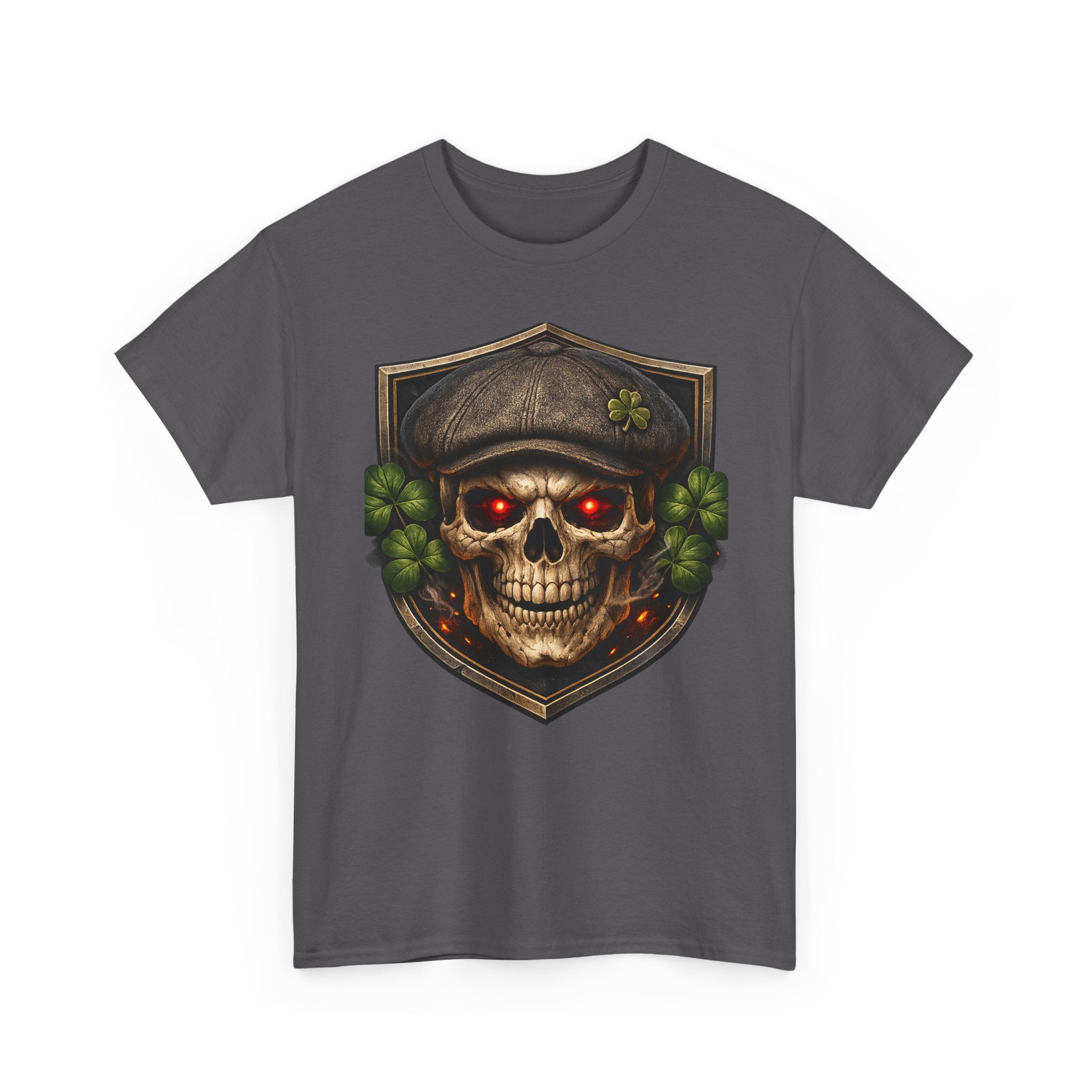 Skull & Shamrock Tee — Celtic Pirate Skull Shirt with Red-Eye Skeleton and Clover Badge