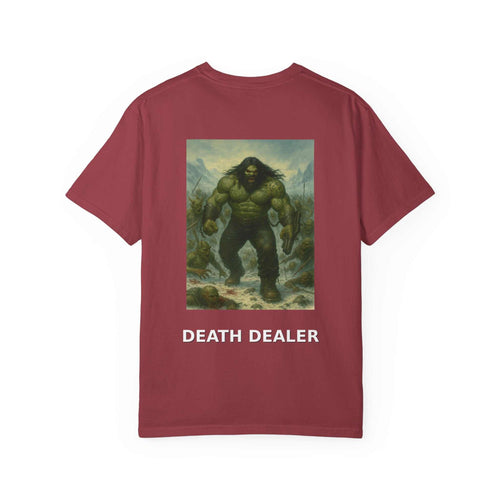 Death Dealer Graphic Tee with warrior battling horde design on maroon unisex cotton shirt