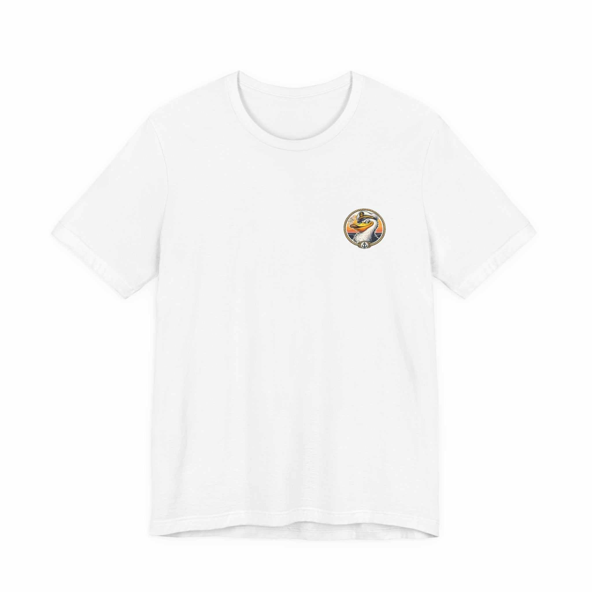 T-Shirt — Retro Pelican on Inflatable Tube Graphic Tee (Beach Vacation, Tropical Sunset)