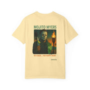 Unisex beige tee with killer cocktails design featuring Halloween character Michael Myers holding a mojito cocktail, perfect for casual wear and horror fans.