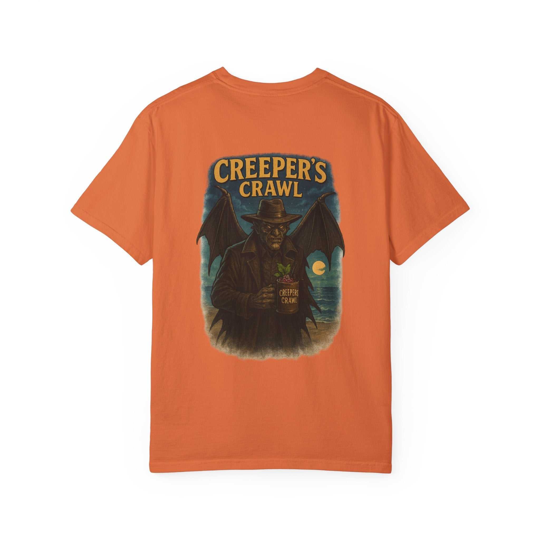 Unisex orange Creeper's Crawl T-shirt with vintage graphic, garment-dyed comfort, and Halloween-inspired design