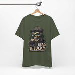 Dead & Lucky Skull Tee featuring grinning skull graphic and bad decisions slogan on lightweight breathable cotton shirt