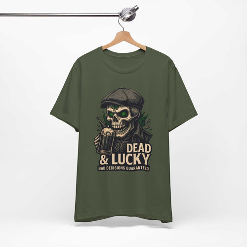 Dead & Lucky Skull Tee featuring grinning skull graphic and bad decisions slogan on lightweight breathable cotton shirt