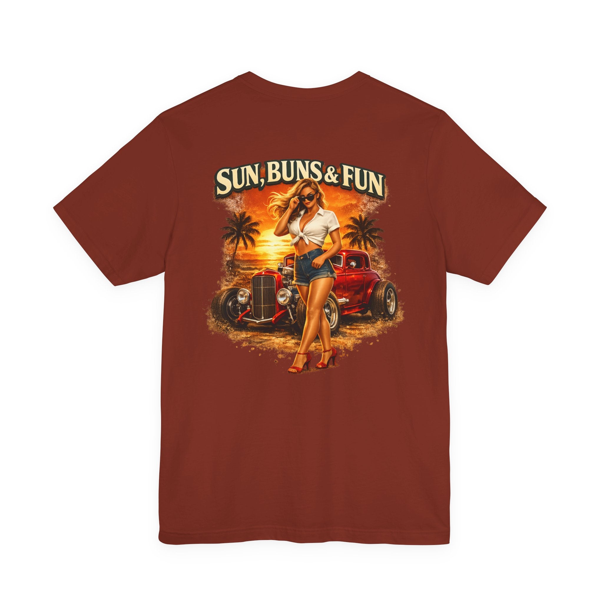 Sun, Buns & Fun Retro Pinup Tee – Vintage Hot Rod Beach T-Shirt
