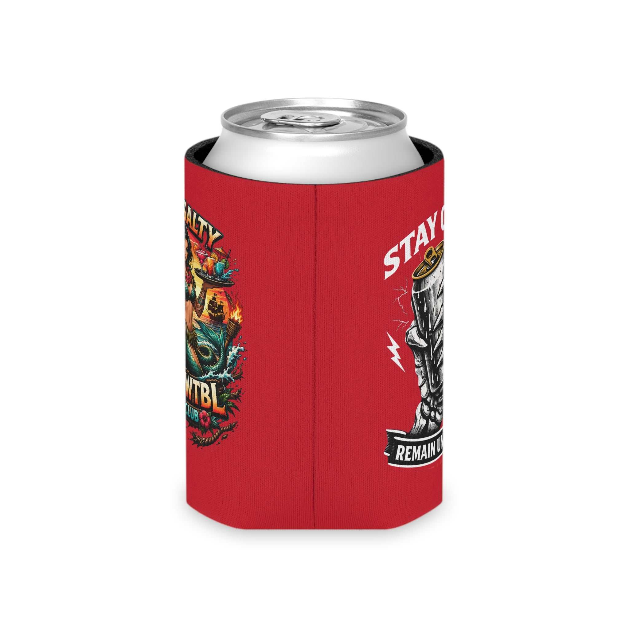 Stay Salty Tiki Can Cooler — "Stay Cold, Remain UNFKWTBL" Retro Beach Beer Koozie