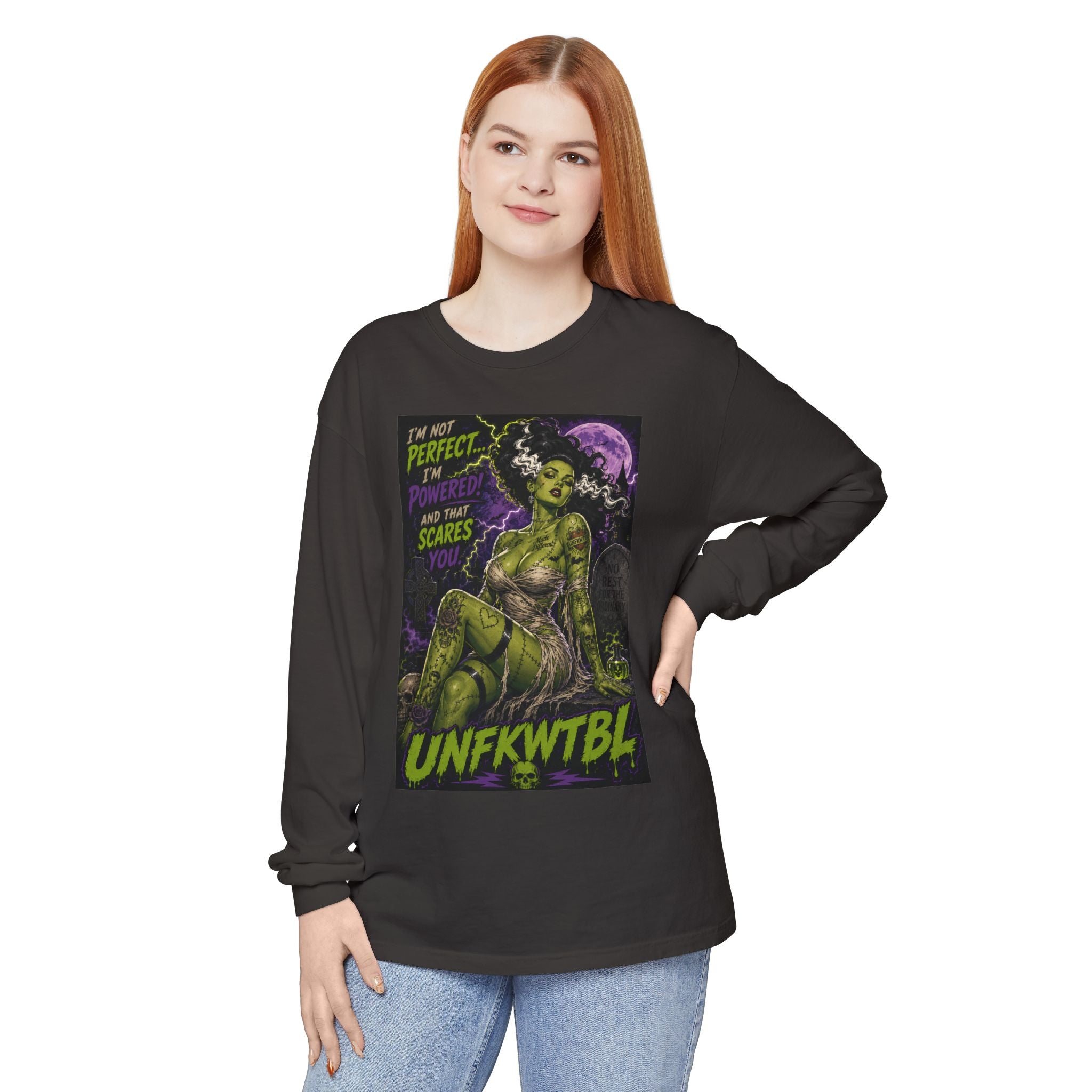 Monster Pin-Up Long Sleeve Tee — “I’m Not Perfect, I’m Powerful (UNFKWTBL)”