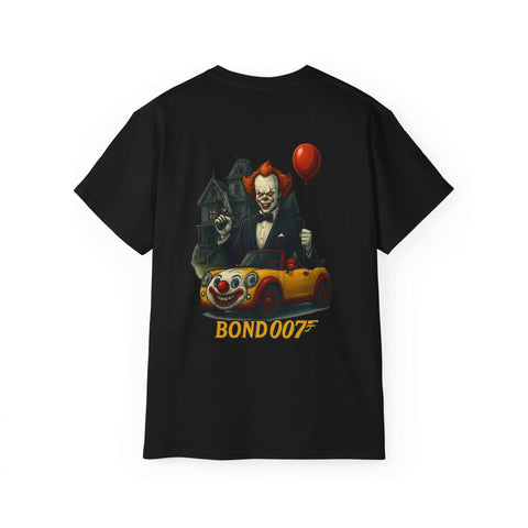 Black unisex tee with Pennywise clown holding red balloon driving clown car and Bond 007 text