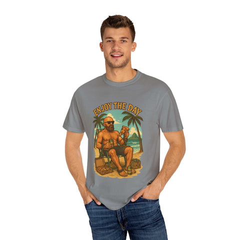 Man wearing gray Atlas Enjoy the Day graphic t-shirt with beach-themed design and relaxed fit