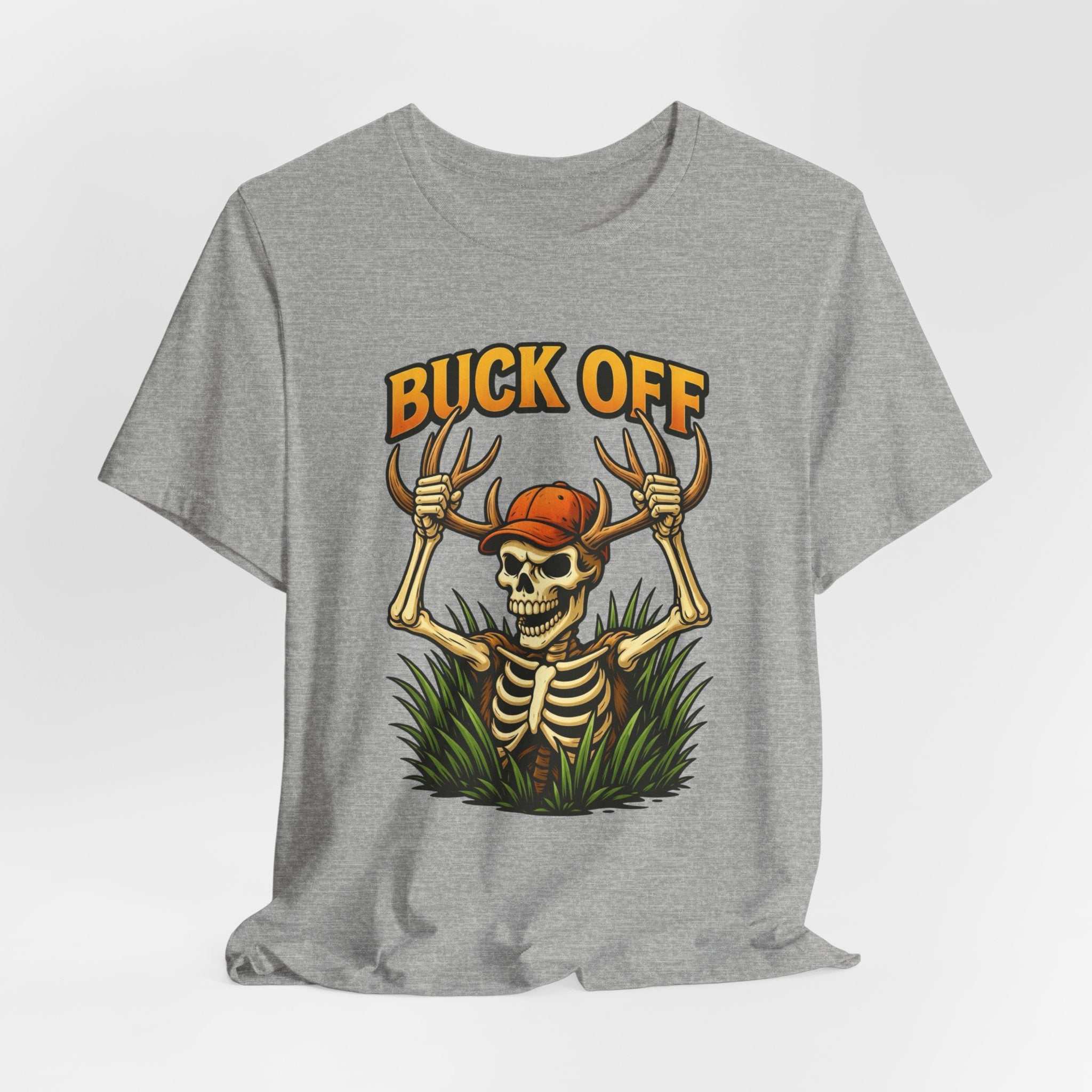 Buck Off Skeleton hunting t-shirt featuring grinning skeleton with hunter’s cap and camo design