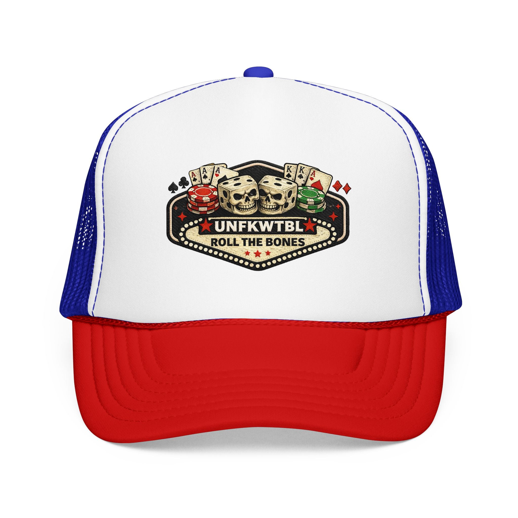 Roll the Bones Trucker Hat — Skull & Dice Poker Foam Cap