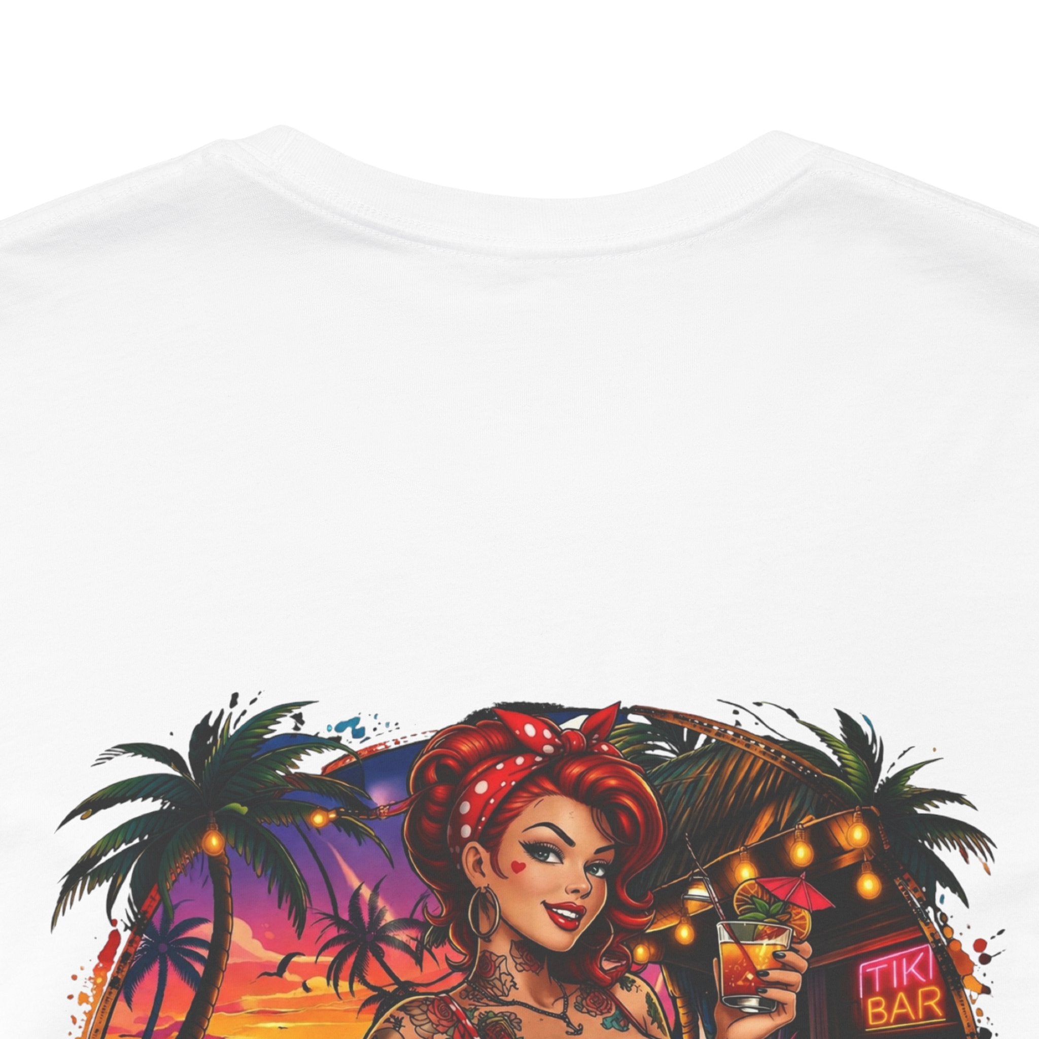Beach Pinup T‑Shirt — "Less Thinkin', More Drinkin'" Retro Tropical Tee