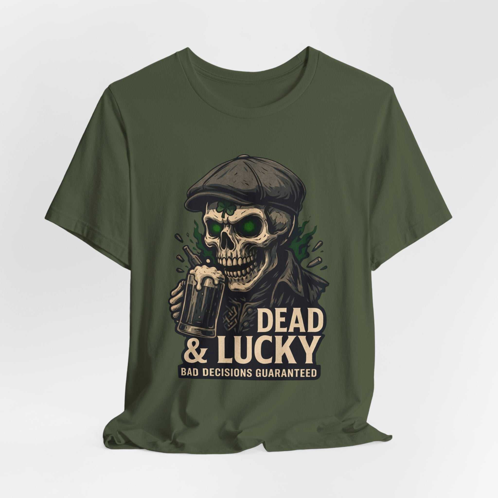 Dead & Lucky Skull Tee with grinning skull and "Bad decisions guaranteed" graphic, lightweight breathable cotton t-shirt