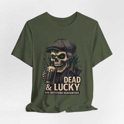 Dead & Lucky Skull Tee with grinning skull and "Bad decisions guaranteed" graphic, lightweight breathable cotton t-shirt