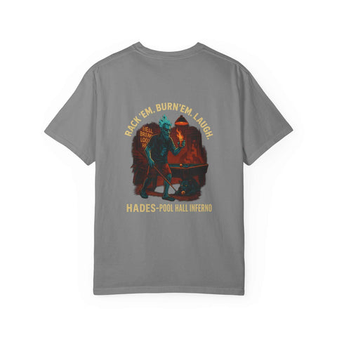 Hades Pool Hall Inferno graphic on unisex garment-dyed t-shirt in grey