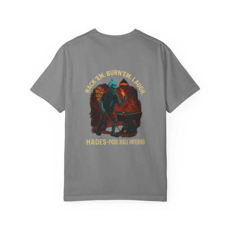 Hades Pool Hall Inferno graphic on unisex garment-dyed t-shirt in grey