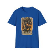 Unisex blue t-shirt with "REMAIN UNFUCKWITHABLE" power design and Atlas graphic, made of 100% cotton