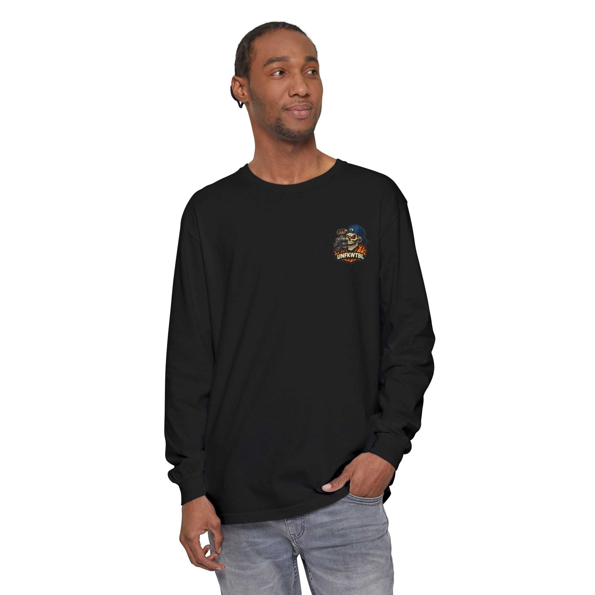 Still Burnin' Rubber Long Sleeve Tee — Retro Skull Muscle Car Graphic