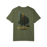 Eternal Stormbearer T-Shirt unisex garment-dyed tee with fantasy warrior graphic and lightning design on olive fabric