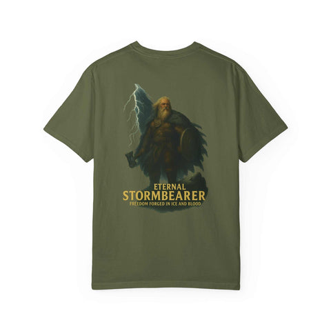 Eternal Stormbearer T-Shirt unisex garment-dyed tee with fantasy warrior graphic and lightning design on olive fabric
