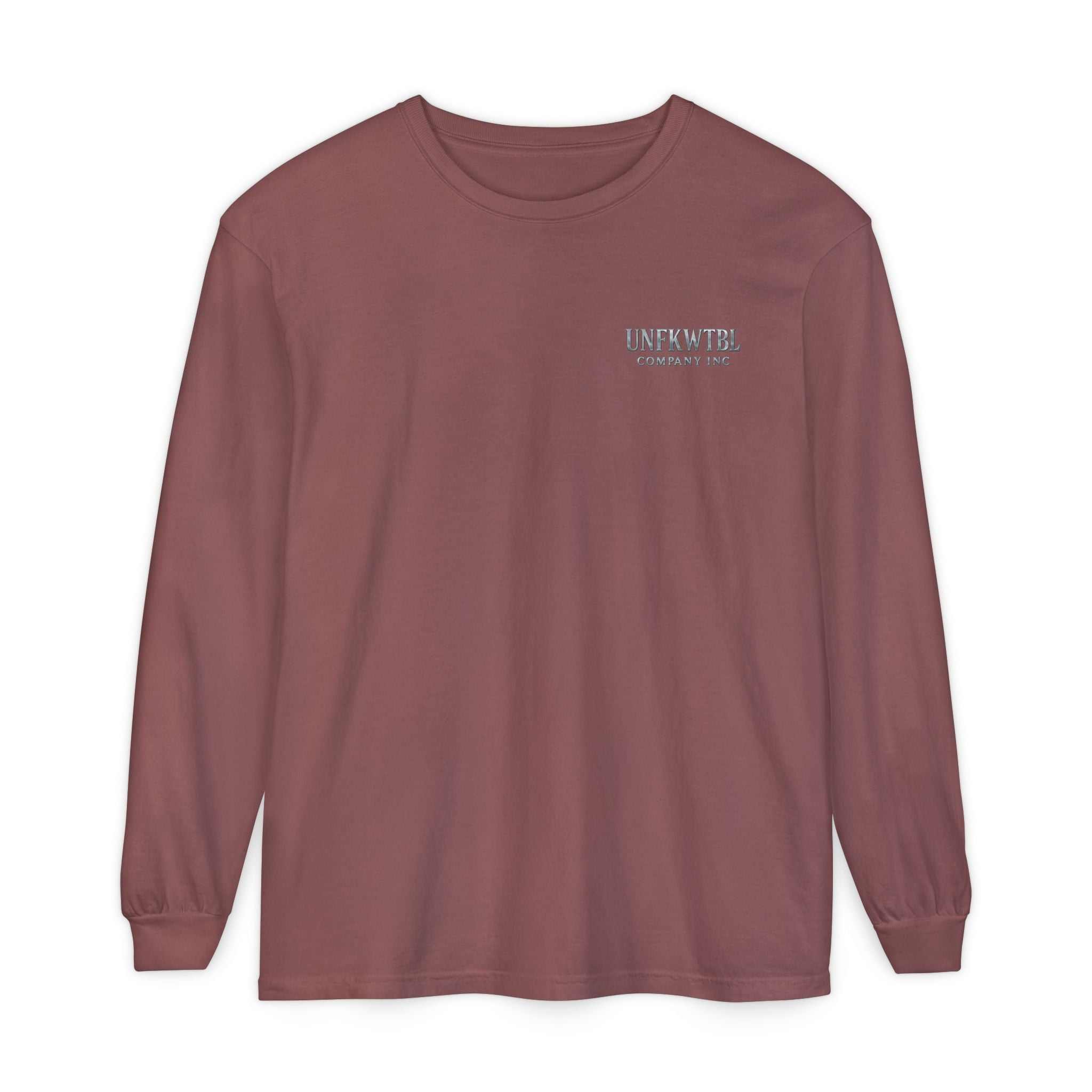 Guardian Skull Dragon Sword long sleeve t-shirt in maroon with mystical skull and dragon design.