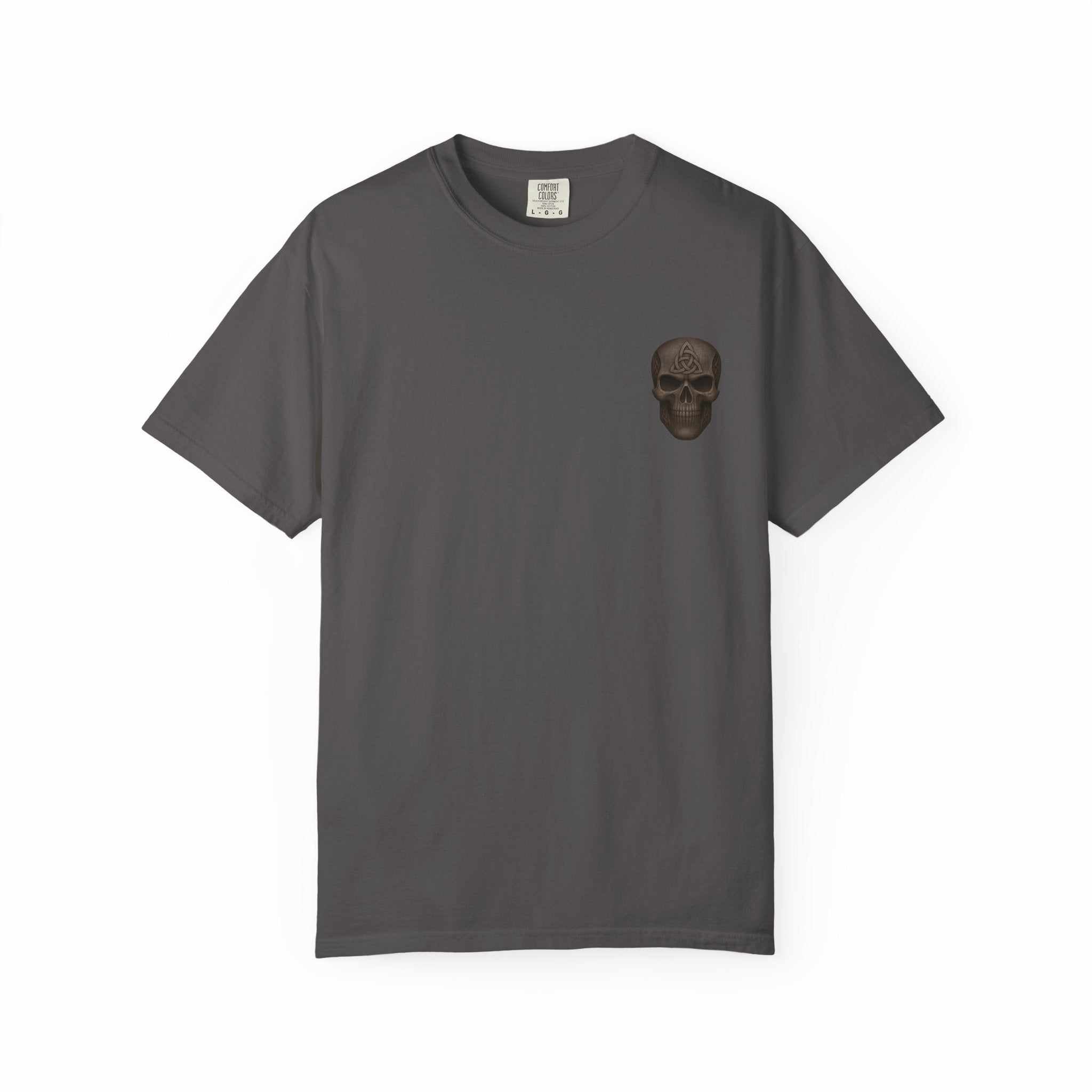 Blackbeard Pirate Lord graphic on dark gray garment-dyed unisex cotton t-shirt, casual outdoor adventure wear