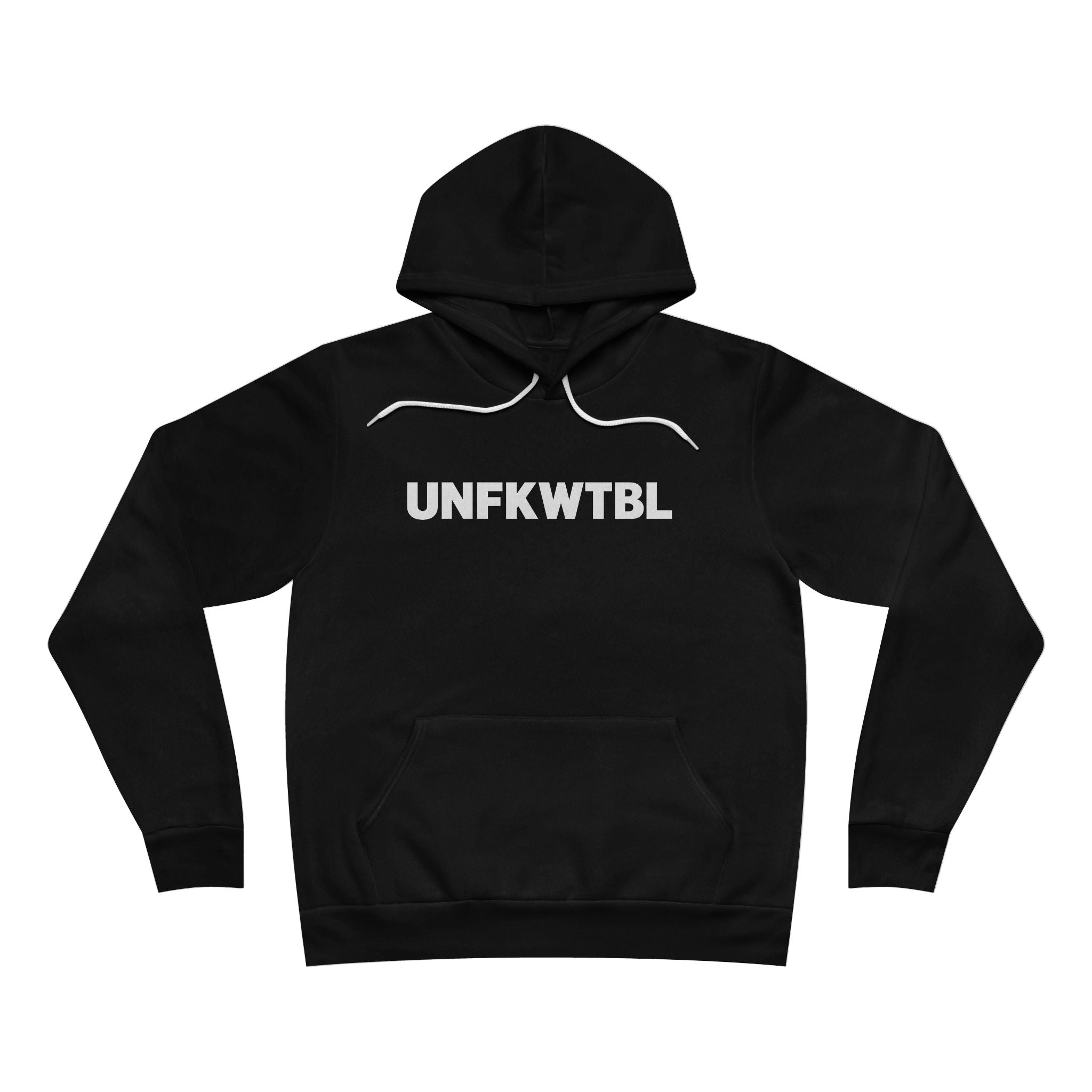 UNFKWTBL Pullover Hoodie — Minimal Black Hoodie with Front Text & Small Clover Back