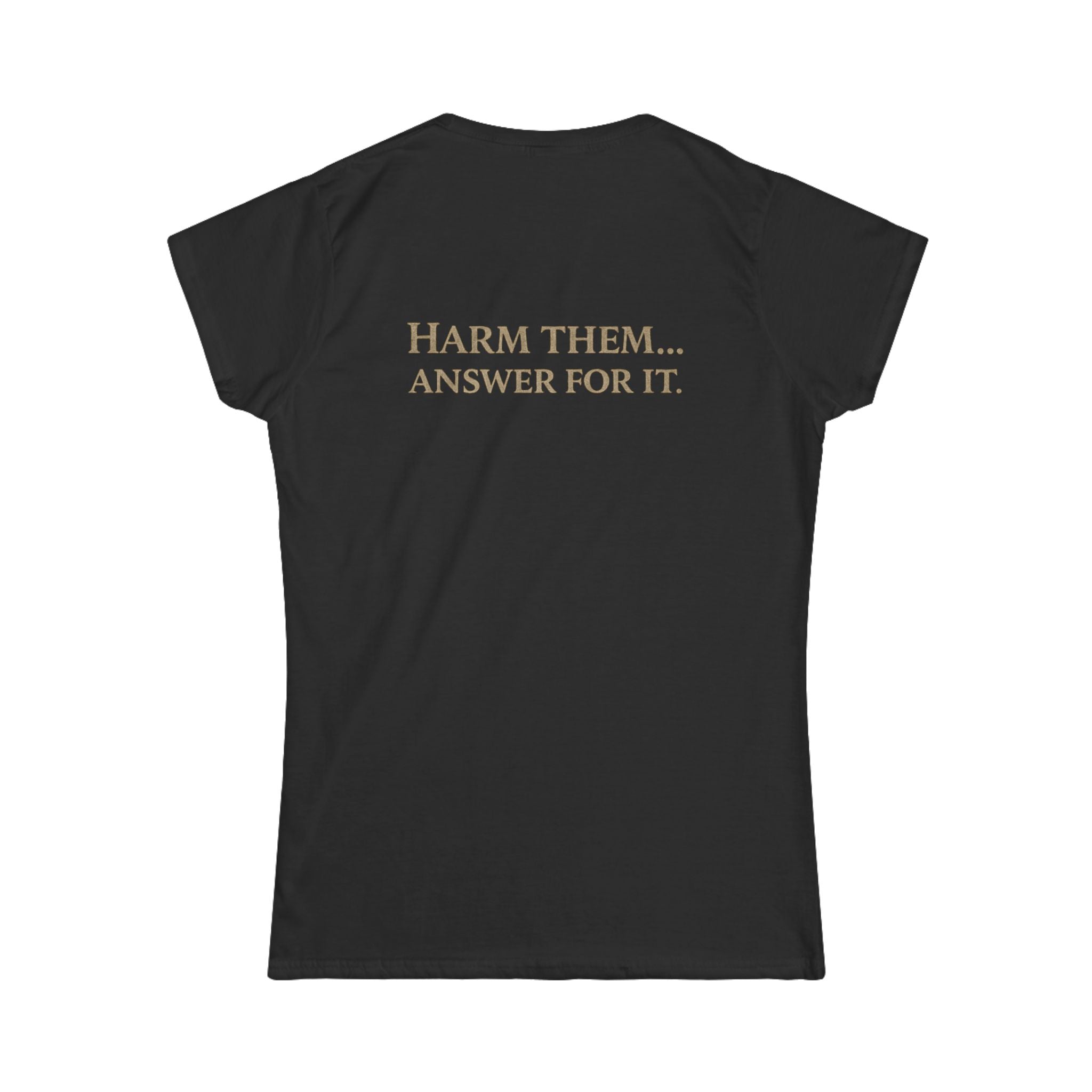 Protect the Innocent Skull Tee — “Harm Them… Answer For It.” Graphic Women’s Shirt