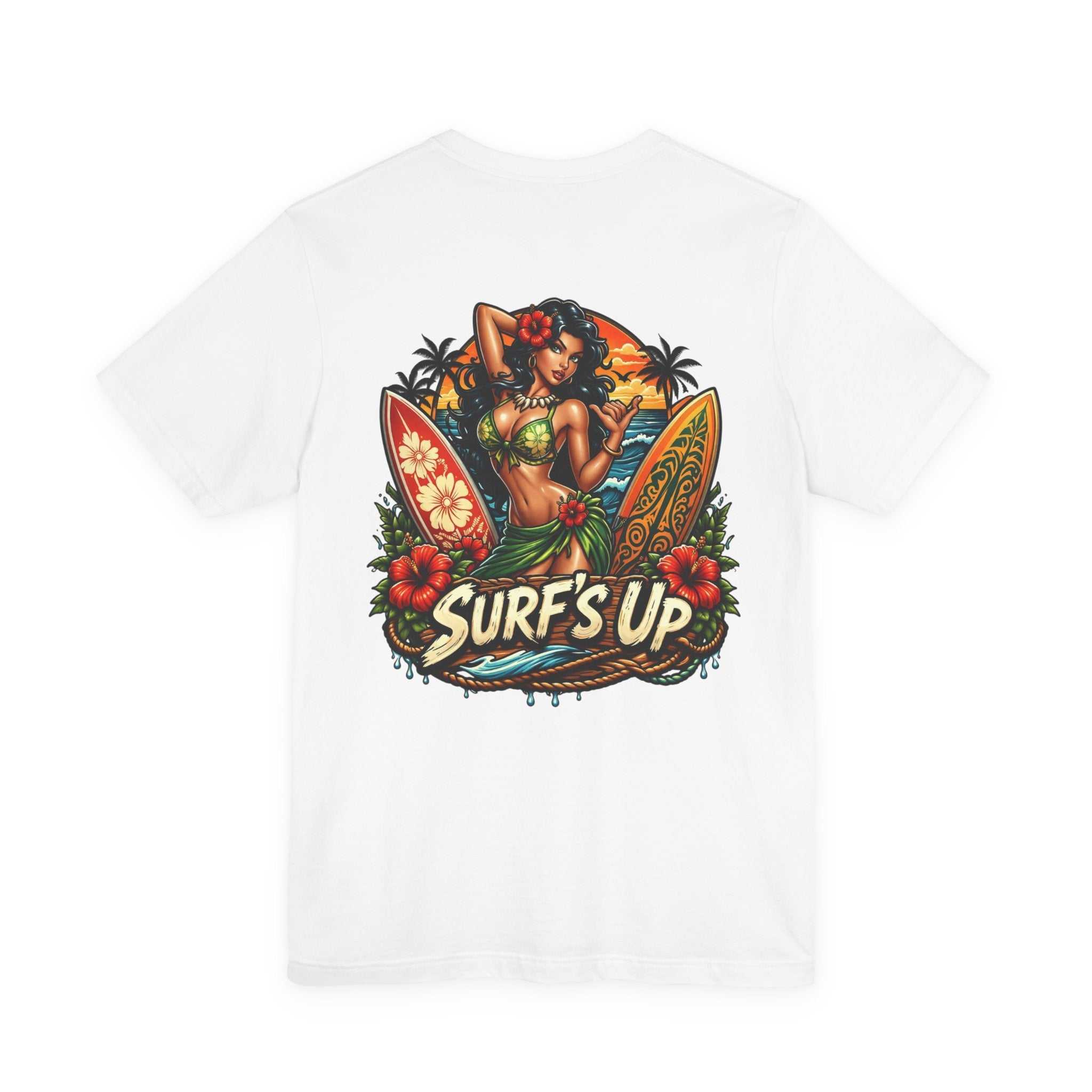 Hawaiian Surfboard T-Shirt with vibrant surfboard graphic and tropical hula girl design on soft breathable cotton