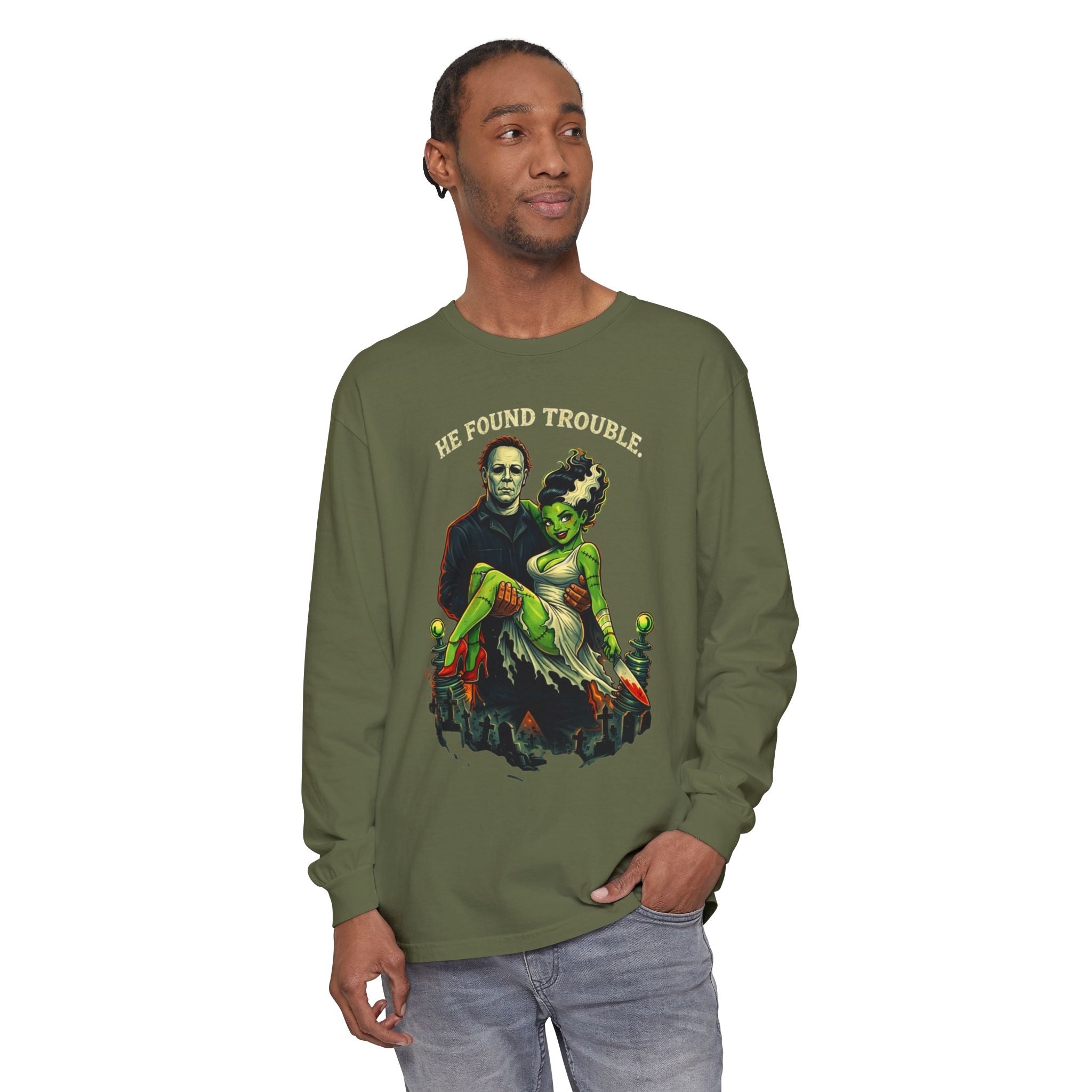 He Found Trouble Long Sleeve T‑Shirt — Retro Frankenstein & Bride Graphic