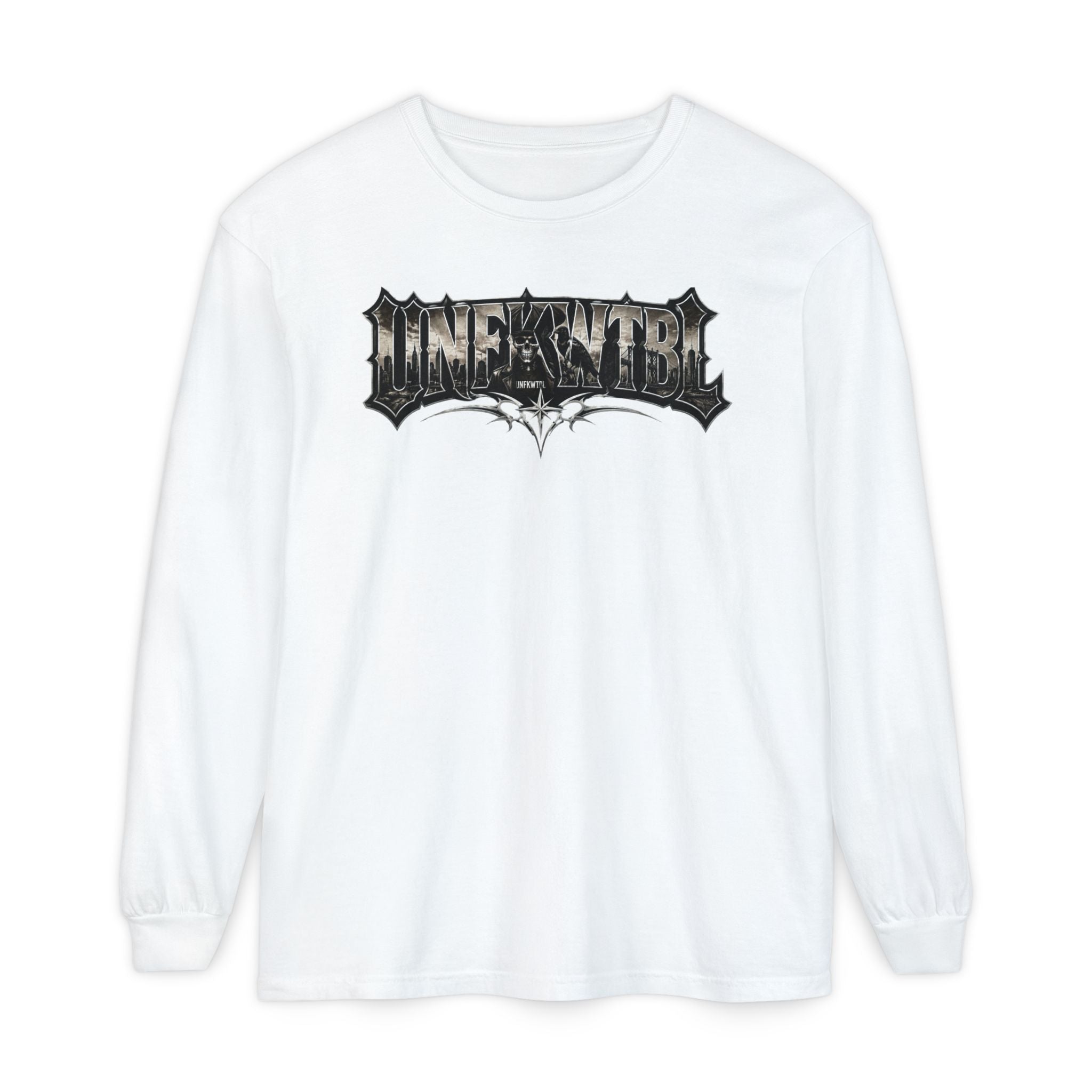 Metal Logo Long Sleeve T‑Shirt — 'UNDEFEATED' Gothic Graphic