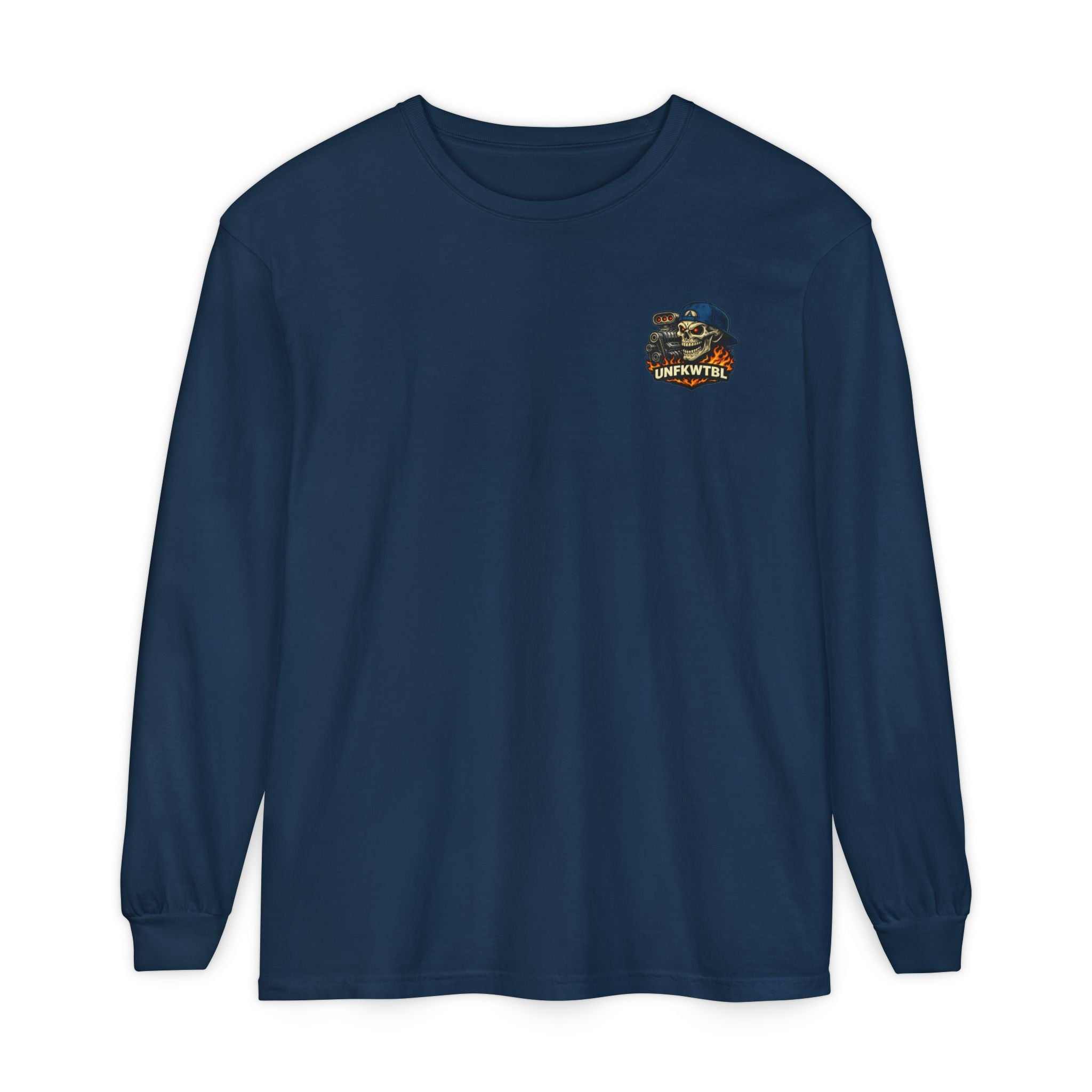 Still Burnin' Rubber Long Sleeve Tee — Retro Skull Muscle Car Graphic