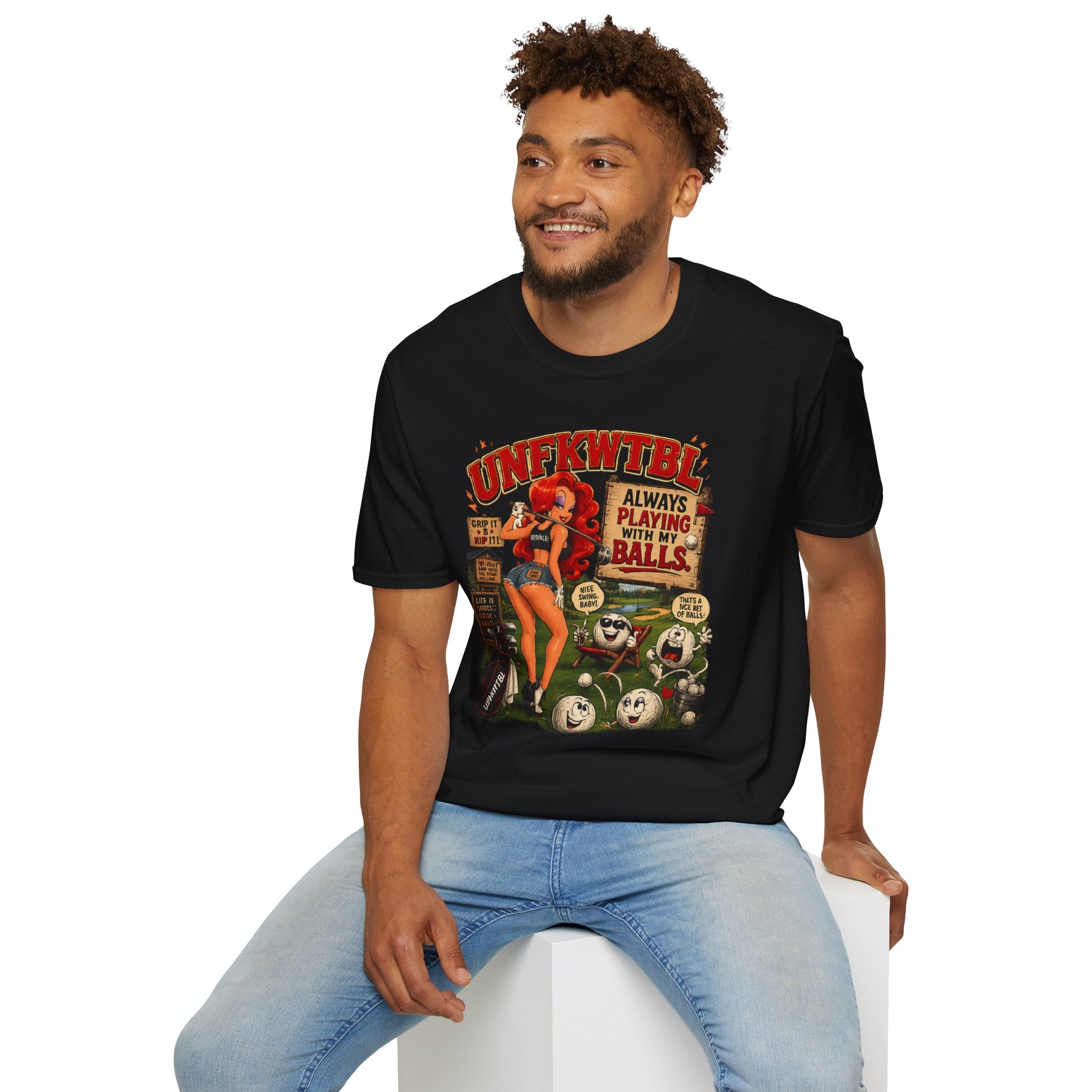 Retro Pin-Up Golf T-Shirt — "Always Playing With My Balls" Vintage Style