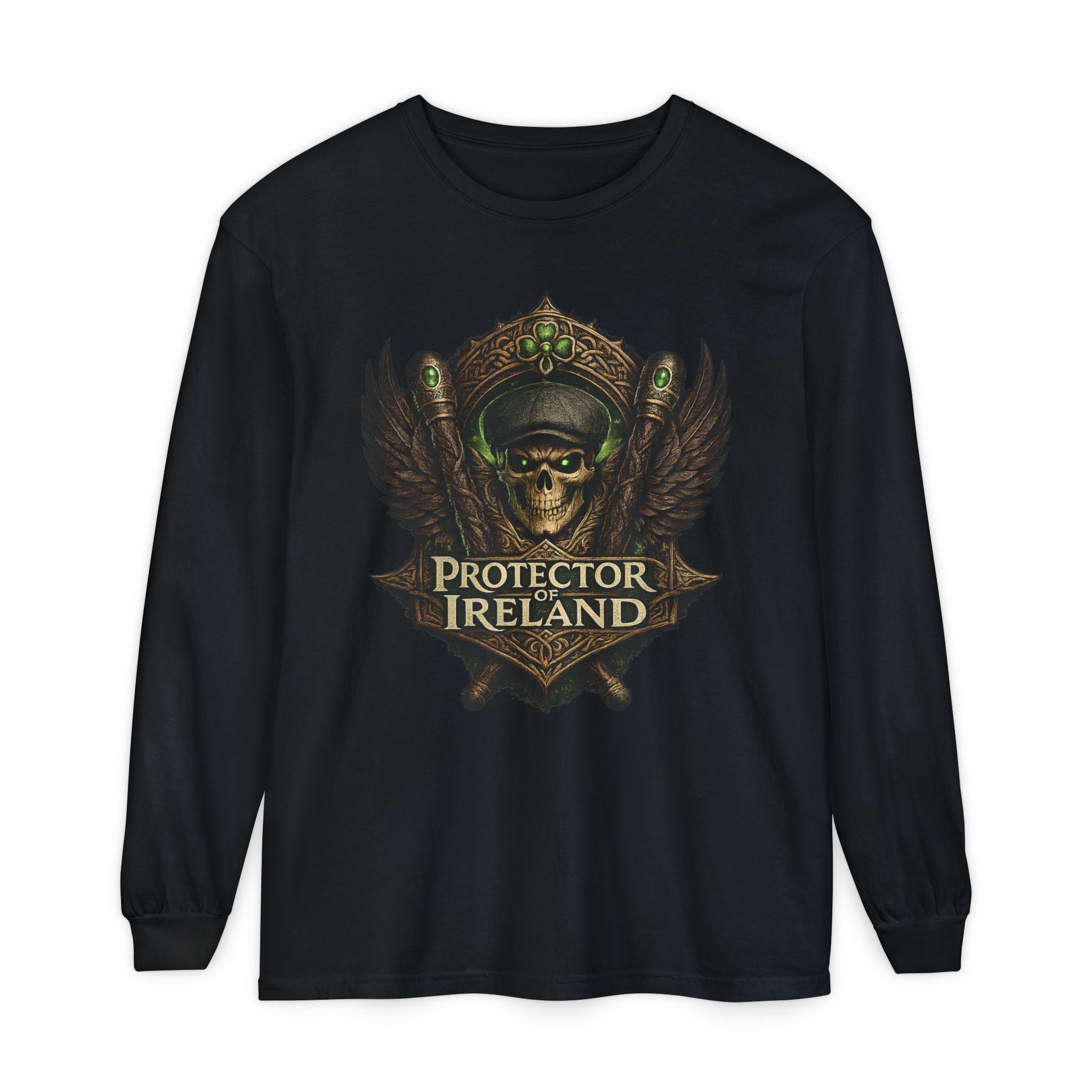 Protector of Ireland long sleeve tee with skull crest and Irish pride emblem