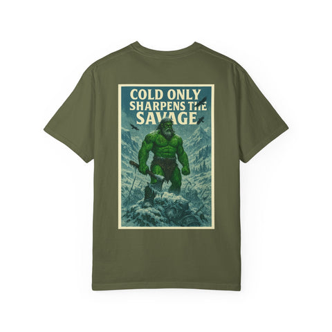 Olive green Savage Spirit Graphic T-Shirt with vintage-style savage warrior print and "Cold Only Sharpens The Savage" text on back, unisex casual tee.