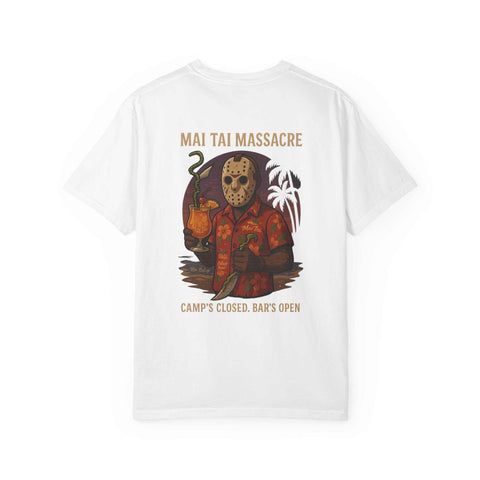 Mai Tai Massacre Jason Voorhees Graphic Tee, Vintage Summer T-shirt, Unisex Beach Shirt, Retro Campfire Apparel, Fun Gift for Outdoor Lovers