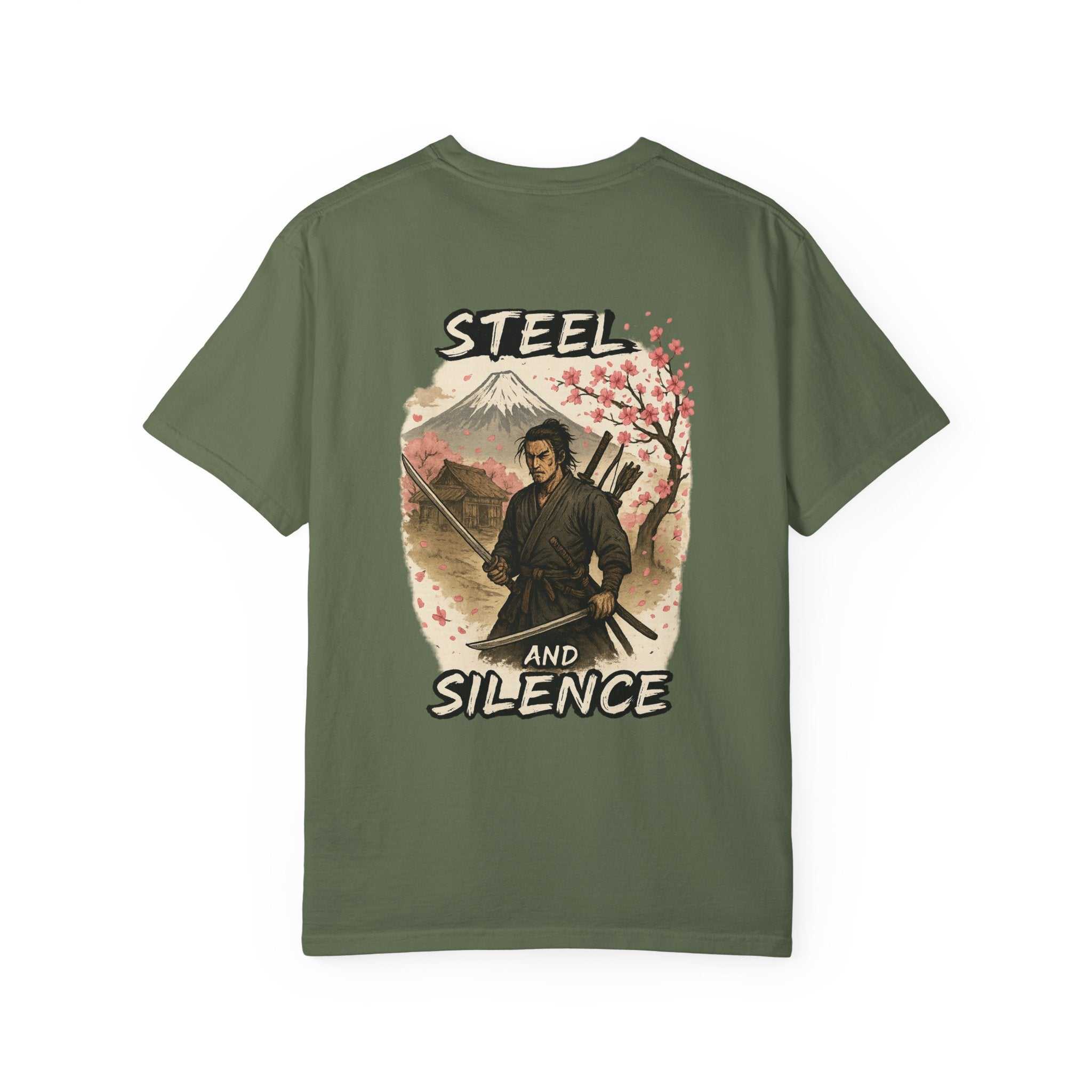 Unisex steel-colored T-shirt with "Steel and Silence" samurai graphic, made from soft garment-dyed fabric, available in sizes S to 4XL.